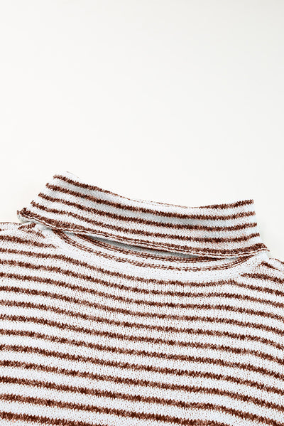 Brown Striped Turtleneck Loose Sweater-Tops-MomFashion