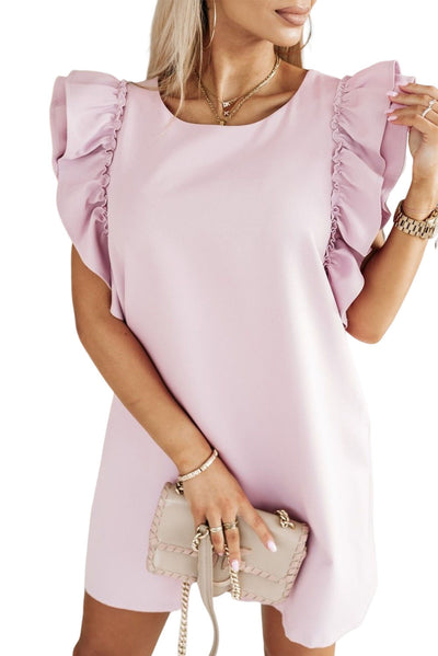 Pink Round Neck Ruffle Shift Mini Dress-Dresses-MomFashion