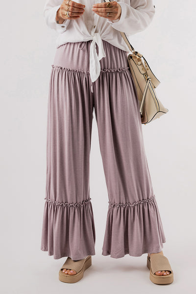 Khaki Frilled Drawstring High Waist Wide Leg Pants-Bottoms-MomFashion