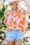 Orange Ruffled Sleeve Smocked Floral Top-Tops-MomFashion