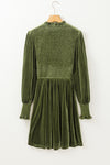 Moss Green Frilled Neck Smocked Bodice Velvet Dress-Dresses-MomFashion