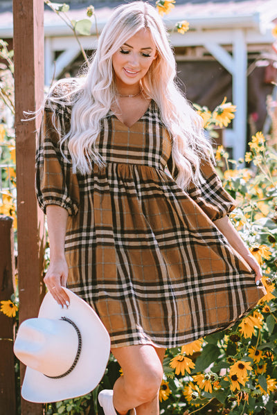 Brown Plaid Pattern Empire Waist Babydoll Dress-Dresses-MomFashion