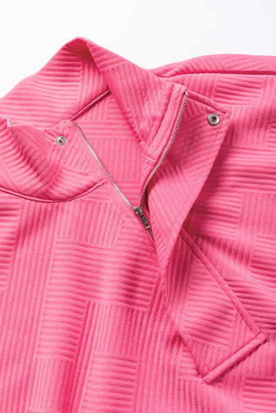 Bright Pink Textured Zipped Neckline Kangaroo Pocket Sweatshirt-Tops-MomFashion