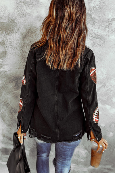 Black Sequined Rugby Graphic Frayed Denim Shacket-Outerwear-MomFashion