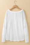 White Contrast Patched Exposed Seam Waffle Knit Henley Top-Tops-MomFashion