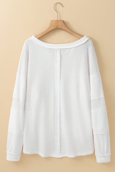 White Contrast Patched Exposed Seam Waffle Knit Henley Top-Tops-MomFashion