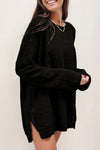 Black Waffle Knit High Slits Oversized Top-Tops-MomFashion