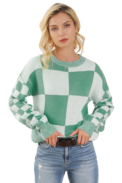 Mint Green Checkered Print Drop Shoulder Sweater-Tops-MomFashion