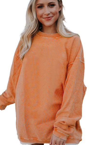 Orange Ribbed Corded Oversized Sweatshirt-Tops-MomFashion