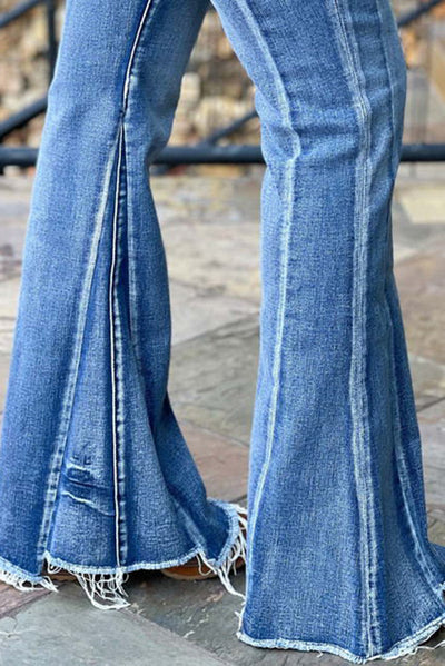 Light Blue Acid Wash Raw Hem Flared Jeans-Bottoms-MomFashion
