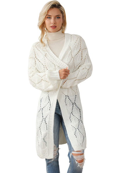 White Rhombus Hollowed Knit Open Front Cardigan-Tops-MomFashion