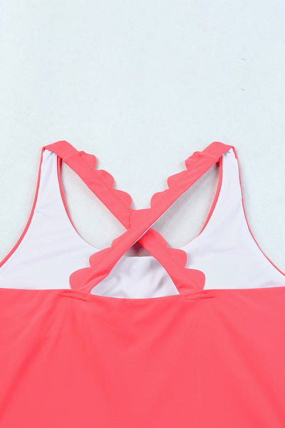 Pink Scalloped Criss Cross High Waist Bikini-Swimwear-MomFashion