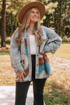 Sky Blue Plus Size Denim Aztec Jacket-Plus Size-MomFashion