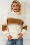 White Printed Patchwork Turtle Neck Knitted Sweater-Tops-MomFashion