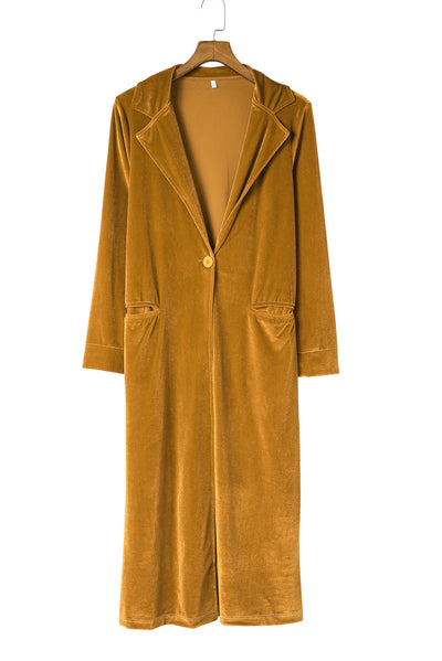 Yellow Retro Velvet Long Sleeve Pocket Coat-Outerwear-MomFashion