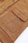 Khaki Vintage Washed Flap Pocket Button Shacket-Outerwear-MomFashion