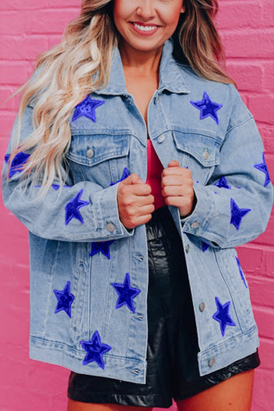 Bluing Sequin Star Flap Pocket Denim Jacket-Outerwear-MomFashion