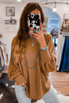 Brown V-Neck Drawstring Dolman Sleeve Waffle Knit Top-Tops-MomFashion