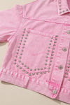 Pink Rivet Studded Pocketed Denim Jacket-Outerwear-MomFashion