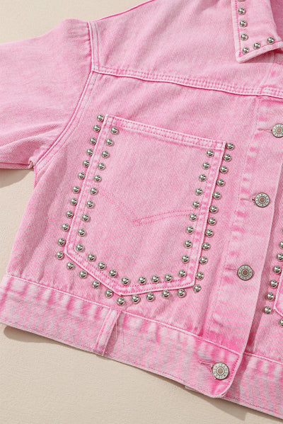 Pink Rivet Studded Pocketed Denim Jacket-Outerwear-MomFashion