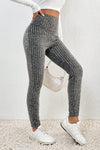 Gray Wide Waistband Ribbed Textured Knit Leggings-Bottoms-MomFashion