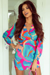 Multicolor Abstract Print Wrap V Neck Puff Sleeve Dress-Dresses-MomFashion