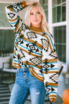 Brown Aztec Striped Knit Ribbed Trim Sweater-Tops-MomFashion