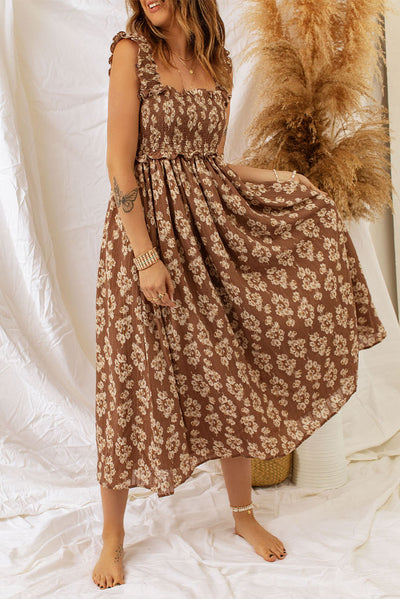 Brown Ruffled Straps Smocked Floral Maxi Dress-Dresses-MomFashion