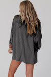 Dark Gray Ribbed Roll-tab Sleeve Chest Pocket Oversize Top-Tops-MomFashion