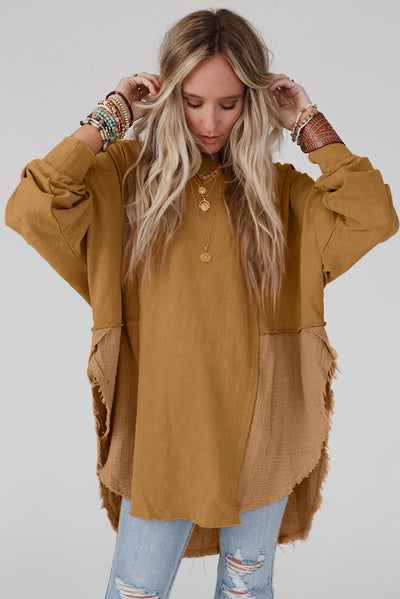 Camel Crinkle Splicing Raw Hem High Low Oversized Blouse-Tops-MomFashion