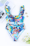 Green Tropical Print Ruffled Square Neck Tie High Waist Swimsuit-Swimwear-MomFashion