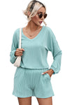 Mist Blue Corded V Neck Slouchy Top Pocketed Shorts Set-Loungewear-MomFashion