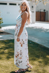 White Striped Floral Print Sleeveless Maxi Dress with Pocket-Dresses-MomFashion