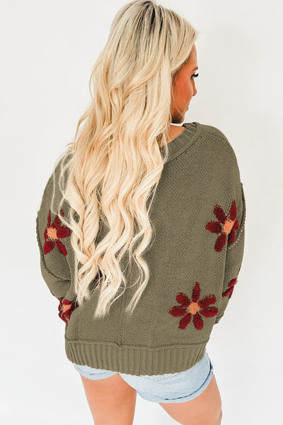 Sage Green Flower Knit Ribbed Trim V Neck Sweater-Tops-MomFashion