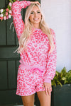 Pink Leopard Long Sleeve Satin Tie Shorts Two Piece Set-Loungewear-MomFashion