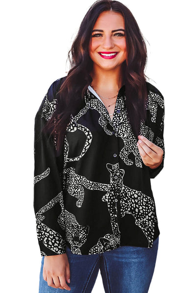 Black Cheetah Print Satin Shirt-Tops-MomFashion