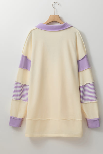 Yellow Colorblock Striped Split Neck Collared Sweatshirt-Tops-MomFashion