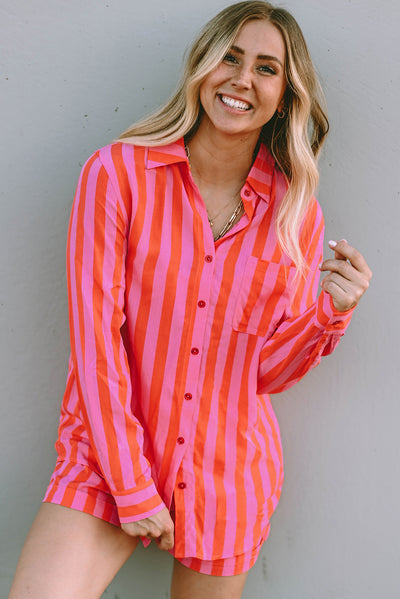 Orange Striped Print Collared Neck Shirt and Shorts Set-Loungewear-MomFashion