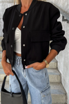 Black Big Pockets Baseball Collar Jacket-Outerwear-MomFashion