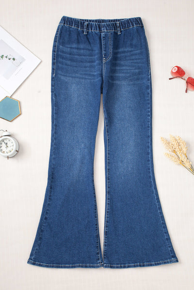 Blue Elastic High Waist Flare Jeans-Bottoms-MomFashion