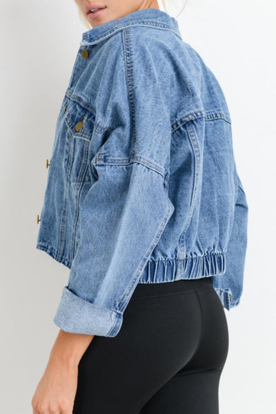 Sky Blue Medium Wash Chunky Cropped Denim Jacket-Outerwear-MomFashion