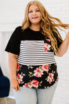 Black Plus Size Splicing Block Stripe Floral Short Sleeve Top-Plus Size-MomFashion