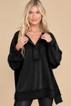 Black Oversized Exposed Seam Henley Sweatshirt-Tops-MomFashion