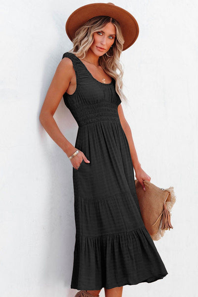 Black U-Neck Sleeveless Ruched Tiered Ruffled Midi Dress-Dresses-MomFashion