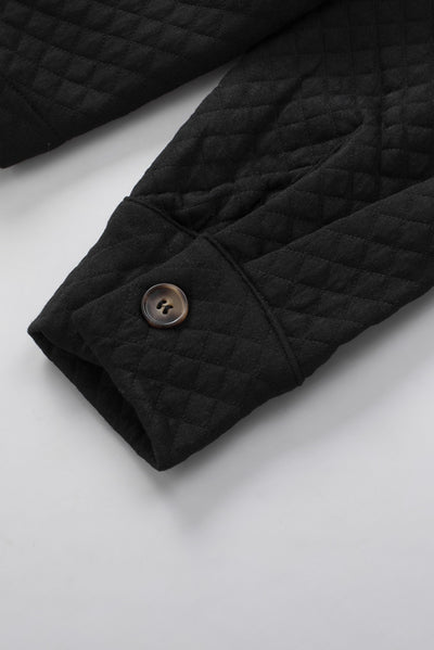 Black Retro Quilted Flap Pocket Button Shacket-Outerwear-MomFashion