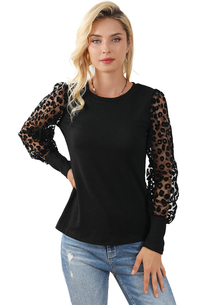 Black Leopard Mesh Puff Sleeve Patchwork Slim Fit Top-Tops-MomFashion