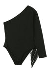 Black One Shoulder Fringed Long Sleeve Bodysuit-Tops-MomFashion