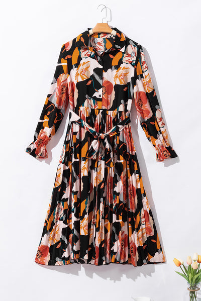 Multicolor Floral Print Waist Tie Pleated Midi Shirt Dress-Dresses-MomFashion