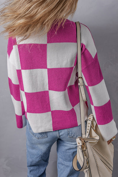 Bright Pink Checkered Round Neck Baggy Sweater-Tops-MomFashion