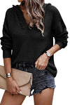 Black V Neck Ribbed Drop Shoulder Hooded Sweater-Tops-MomFashion